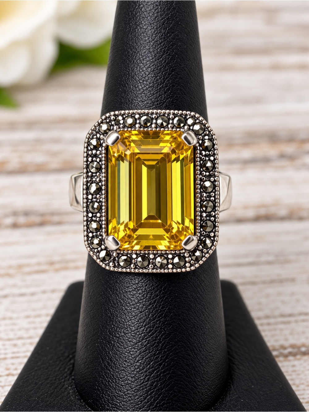 925 Sterling Silver Golden Yellow CZ Marcasite Halo Statement Cocktail Ring